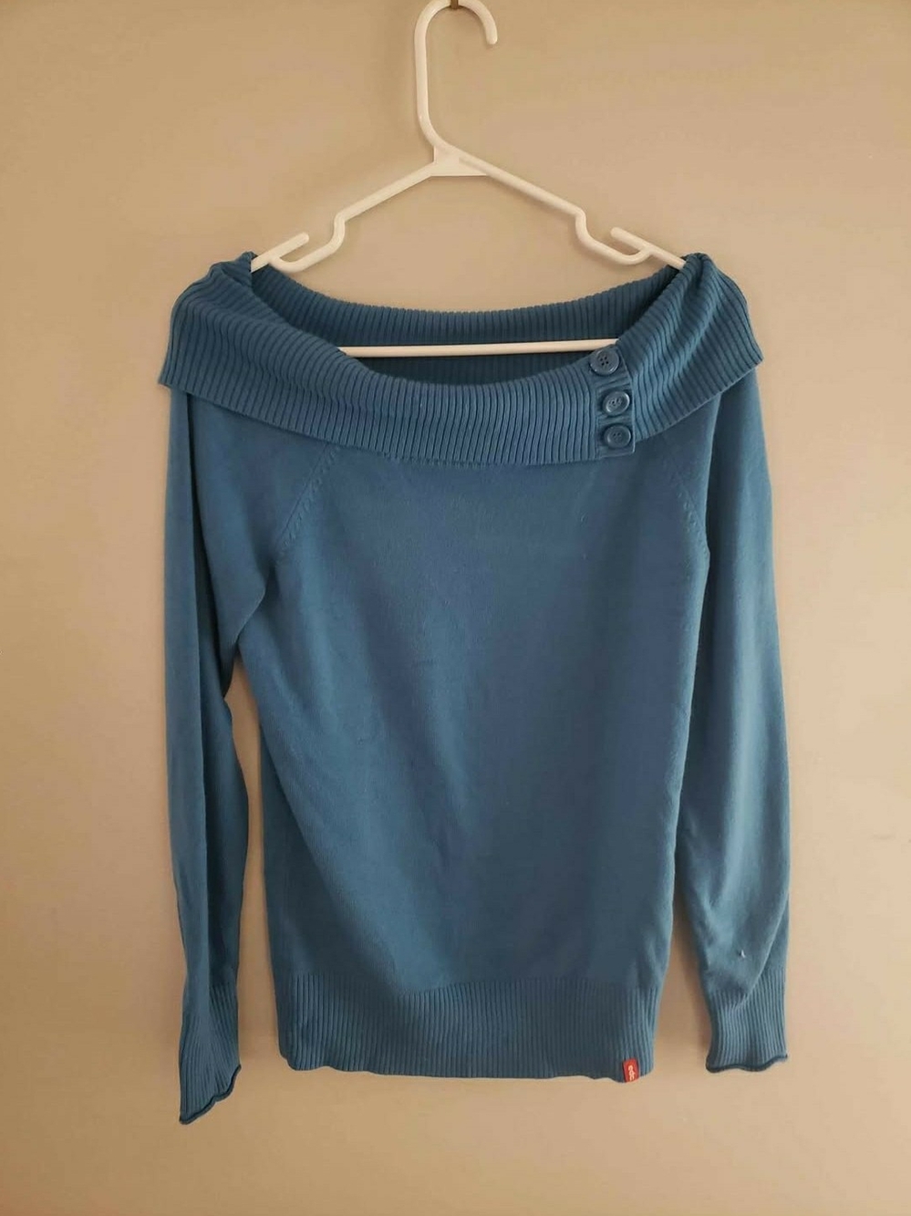 Off-the-Shoulder Button-Trim Sweater in Teal